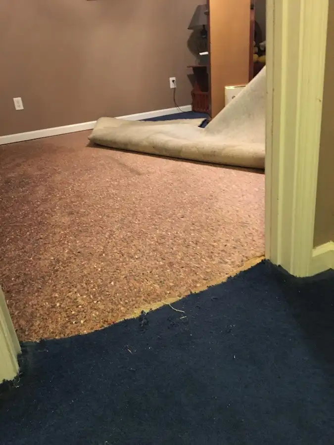 Carpet pad removal revealing water damage during Water Mitigation Services in Pinson